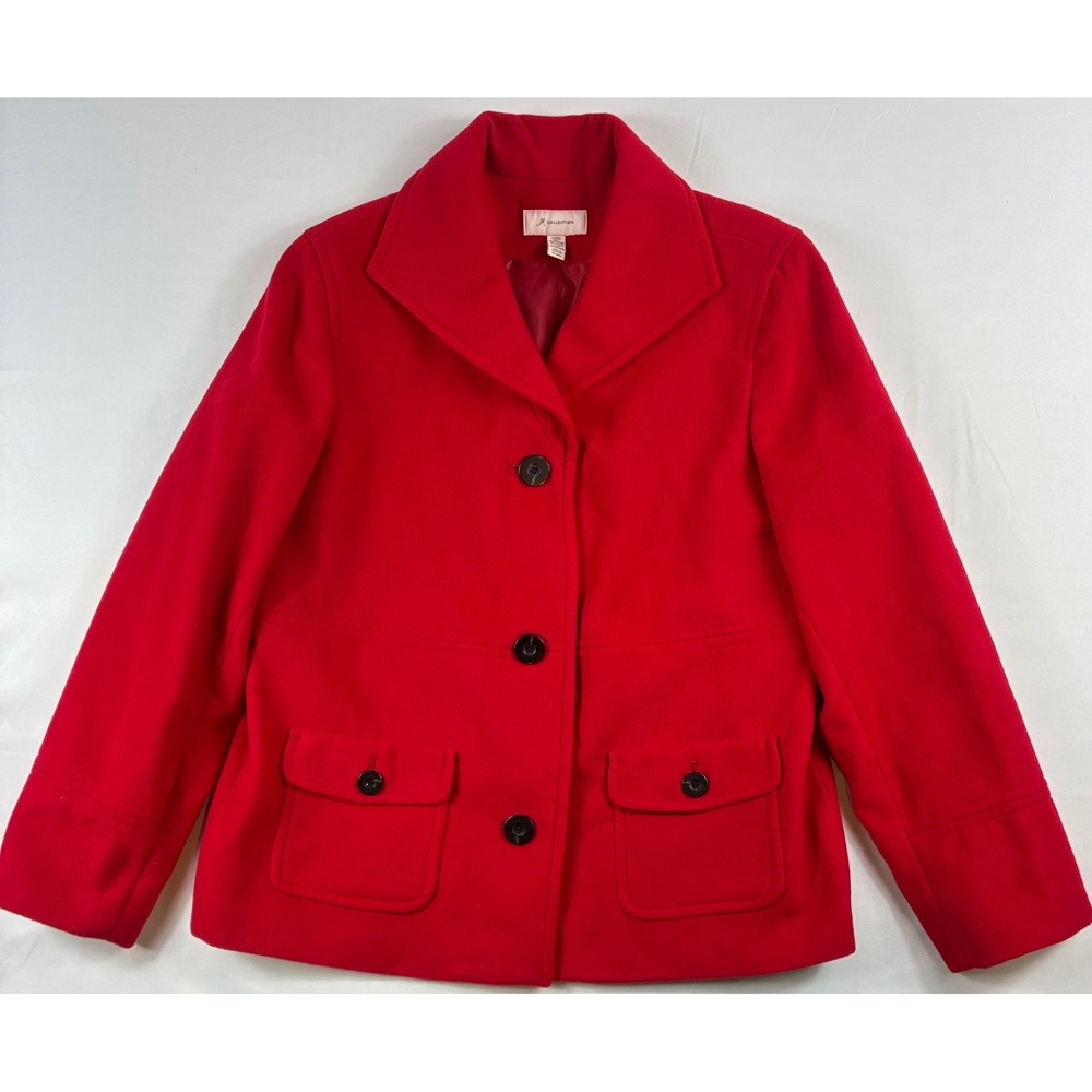 JM Collection Pea Coat Women Large Red Pea Coat Button Front Flap Pockets Lined